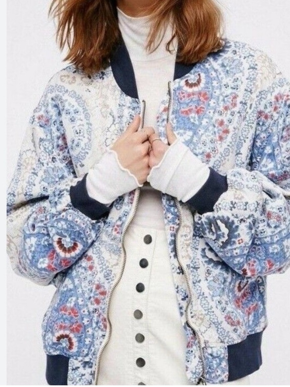 Free People Day Trip Paisley Blue-Cream Bomber Jacket Size S